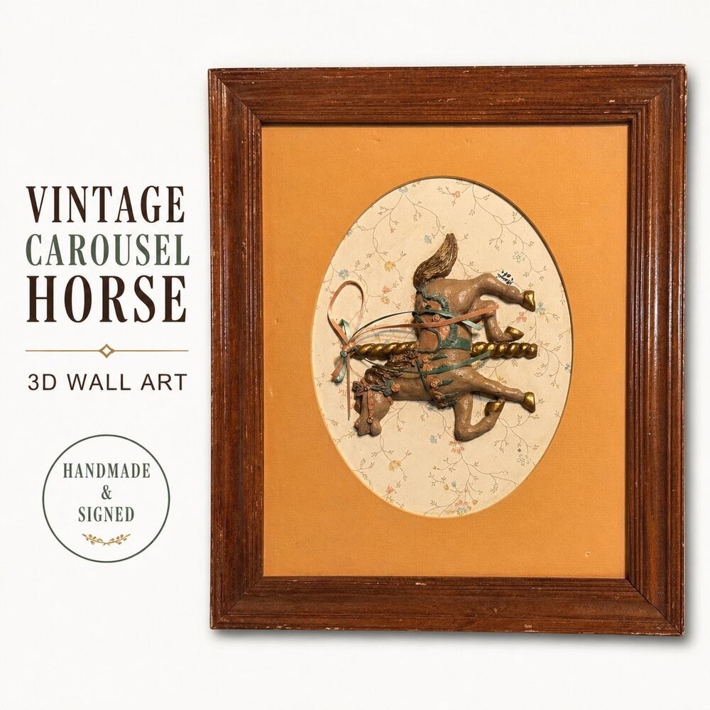 Vintage 3D Carousel Horse Wall Art Wood Frame Signed Handmade Decor